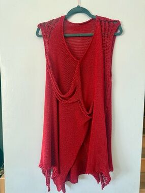 Red Knit Sleeveless Draped Mesh Women's Sweater